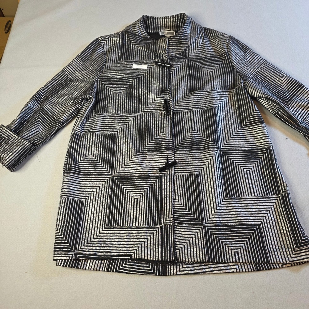 JM Collection Womens Silver Black Metallic Geometric Toggle Jacket Size M 85341
